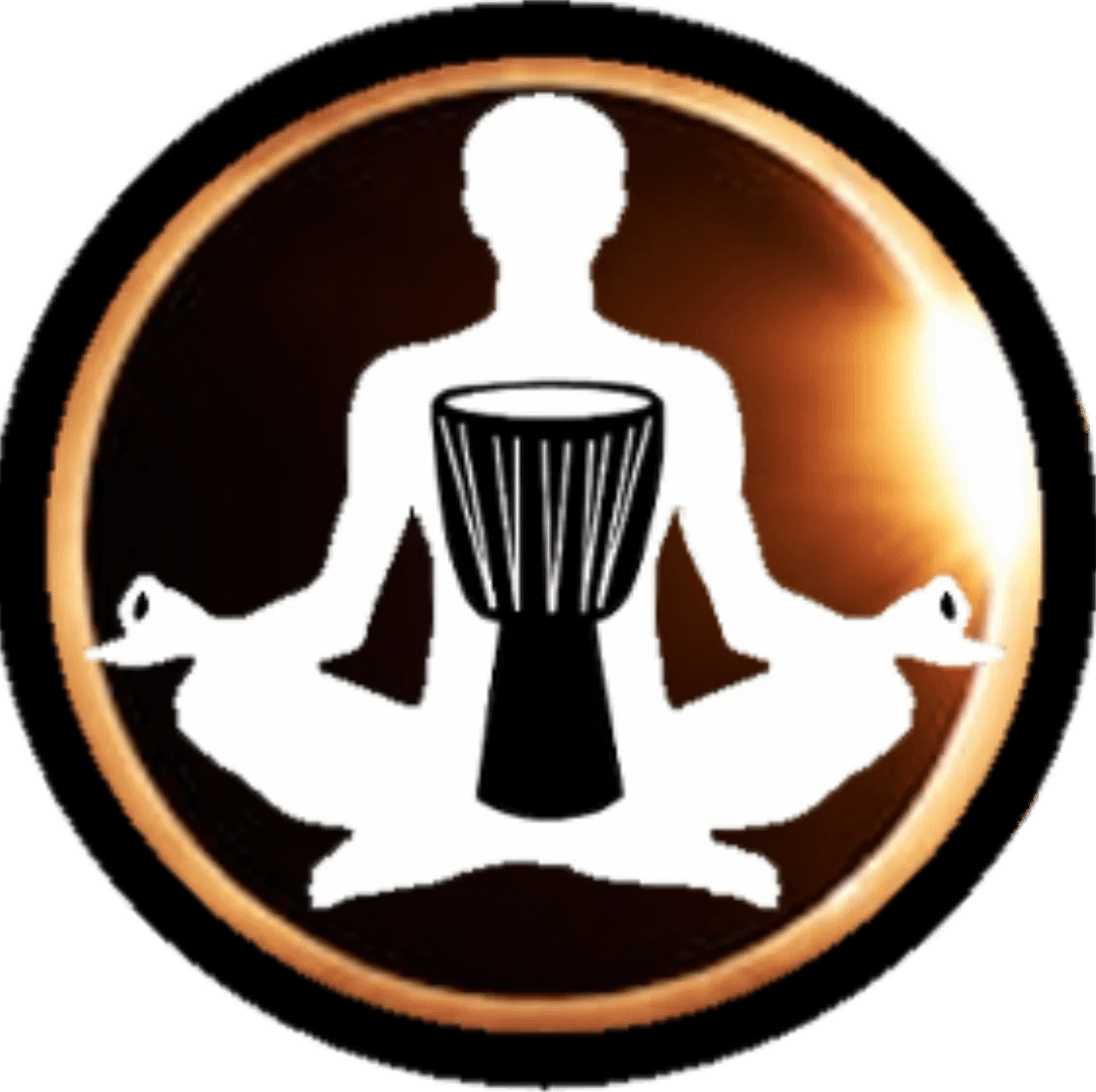 Logo of rhythmic drumming and meditation, symbolizing the peaceful energy of drum circles and sound healing.