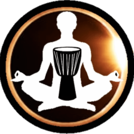 Logo of rhythmic drumming and meditation, symbolizing the peaceful energy of drum circles and sound healing.